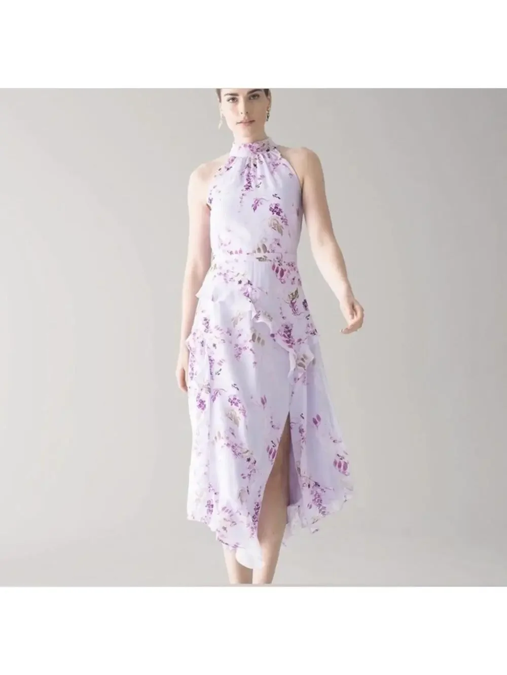 White House Black Market Lilac Floral Halter Midi Dress Size 6 - Picture 3 of 9